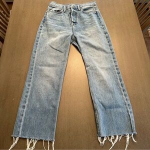 NOEND Denim Mom’s Straight Button Fly Hi-Rise Distressed Hem Blue Jeans Size 27